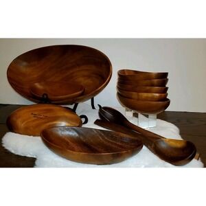Vintage Monkey Pod Wood Philippines Salad Bowl Set 1 Large + 8 Bowls + Servers